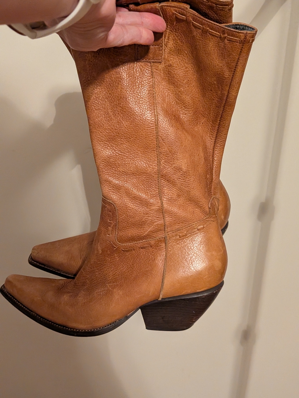 BCBGirls Cognac Leather Mid-Calf Western Heeled Boots - Picture 4 of 6